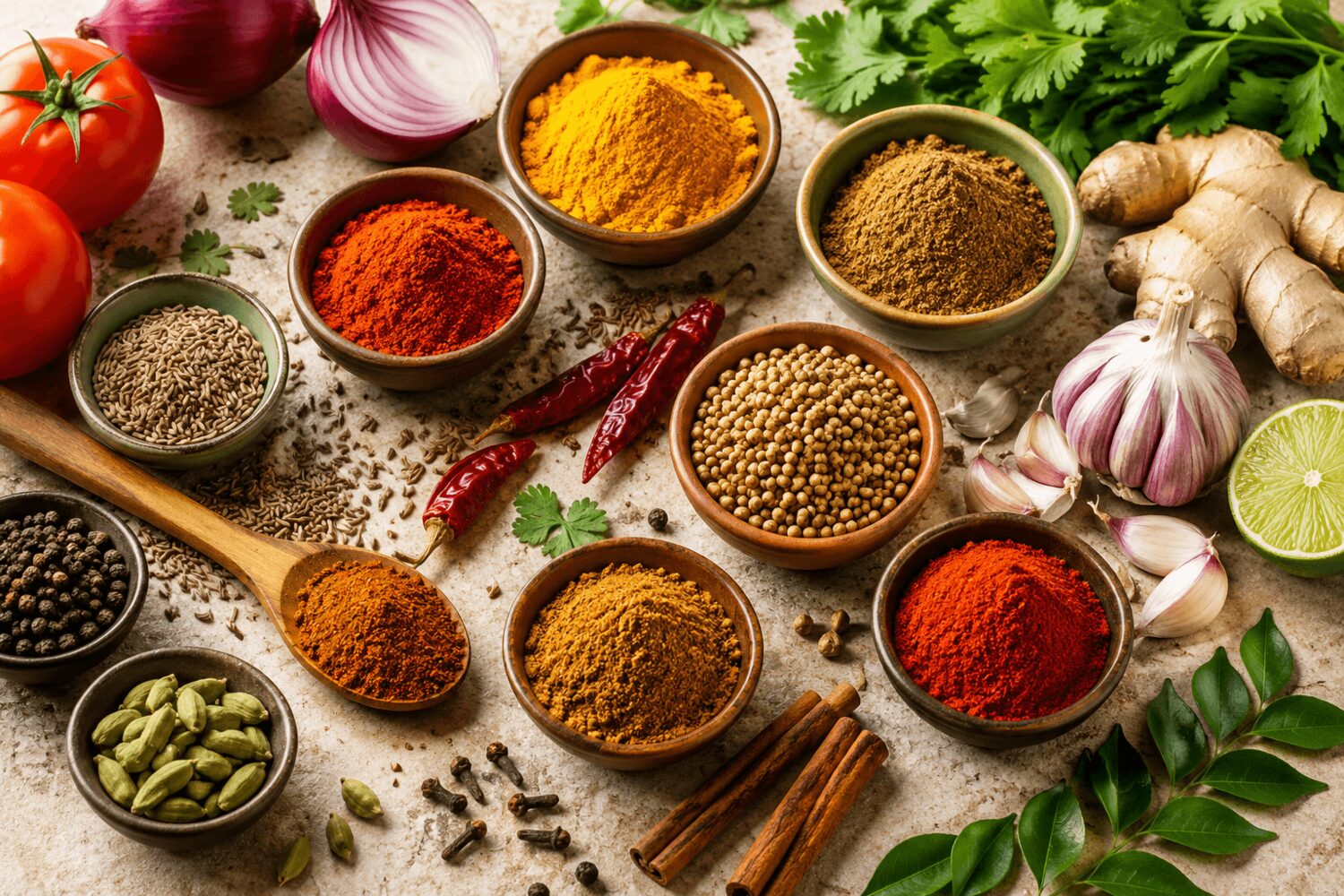 Spices, herbs and fresh ingredients laid out on a stone worktop