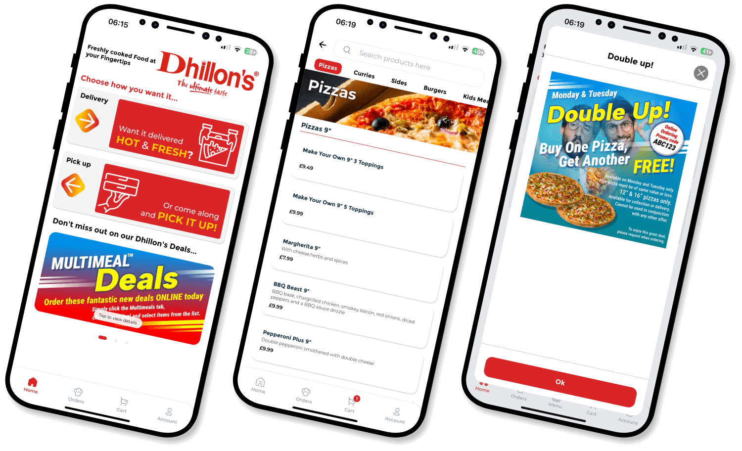 The Dhillon's app — home, menu and offers screens