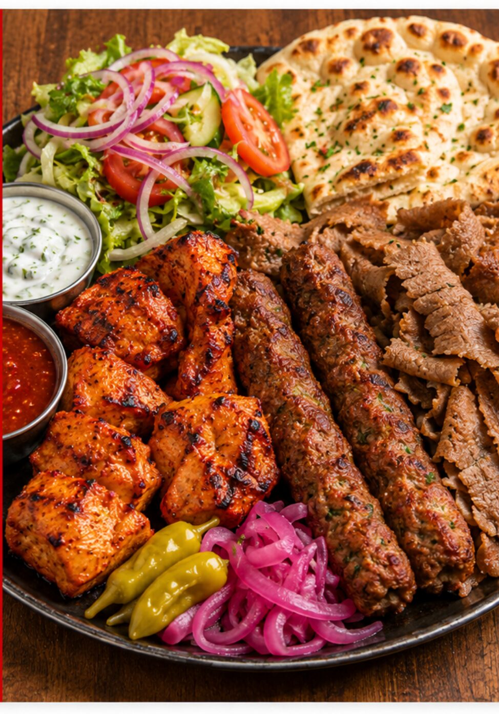 Mixed kebab platter with naan, salad and sauces